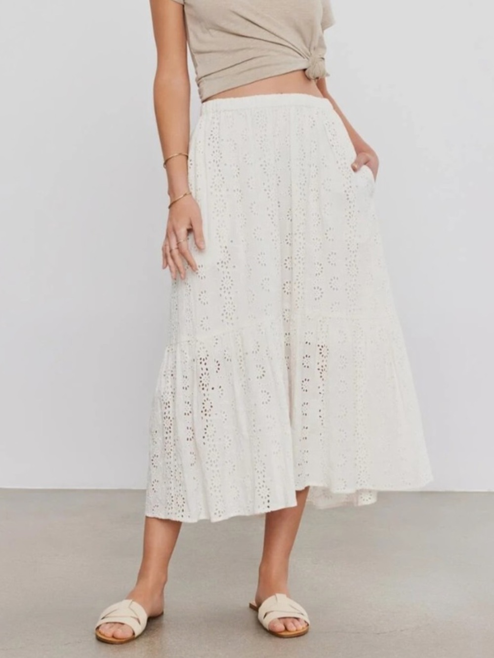 Velvet by Graham & Spencer White Eyelet Tiered Midi Skirt